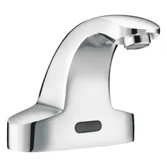 Brass centerset sensor faucet with chrome finish. Battery-powered with aerated flow. Includes (4) AA alkaline batteries and back-check tee. Suitable for touch-free hand washing in commercial restrooms and public facilities.