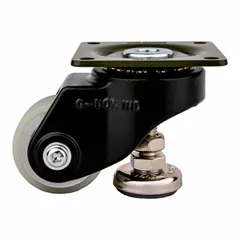 This light duty leveling plate caster from FOOT MASTER features a 50 mm polyurethane wheel and a 73 mm mounting height. The white frame supports smooth, quiet movement on hard floors. Suitable for carts, racks, and equipment in material handling applications.