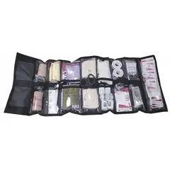 This briefcase trauma kit is housed in a nylon bag and contains 62 components including 10 sterile 4-ply dressings, 10 adhesive bandages, 10 antiseptic wipes, 2 pairs of non-latex gloves, and scissors. No medication is included. Suitable for field wound care and emergency response.