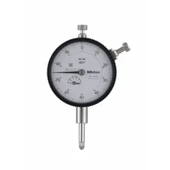 This MITUTOYO dial indicator is a continuous reading back lug type with a vertical orientation. It has a 0 to 0.5 inch range and 0.001 inch accuracy, with a 57 mm dial featuring a 0-100 scale. Suitable for measuring small linear displacements in machining, quality inspection, and assembly tasks such as checking runout, taper, and surface flatness.