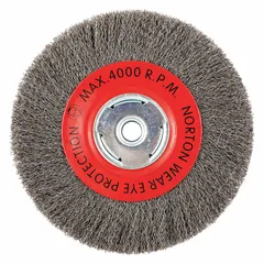 This light-cleaning brush is designed for carbon steel surfaces. It features a crimped steel fill of 0.014 in, an 8 in diameter, 1 in width, and a 5/8 in arbor. Suitable for removing rust, scale, and light burrs in maintenance and metalworking applications.