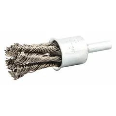 This heavy-cleaning brush features twisted stainless steel fill with a 0.02 in fill diameter. It has a 3/4 in diameter and a 1/4 in shank. Designed for cleaning stainless steel surfaces, it is used in metal fabrication and finishing to remove weld scale, rust, and oxidation.