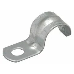 This one-hole strap clamp is designed for securing 1-1/2 in trade size EMT conduit to structural surfaces. Made of steel with an electroplated gray finish, it provides corrosion resistance for indoor and protected outdoor electrical installations. The single-hole design allows for quick mounting to walls, ceilings, or strut channels.