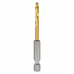 This 9/64" hex shank drill bit is part of the Shockwave Impact Duty series, featuring TiN-coated HSS construction and a 135° split point for reduced walking. Impact-rated for use with impact drivers, it is suitable for drilling into metal, wood, and plastic in general fabrication and maintenance applications.