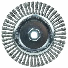 Weld-cleaning brush for carbon steel. Removes slag, spatter, and oxidation from stringer beads and fillet welds. 6" diameter, 3/16" width, 5/8"-11 threaded arbor, 0.02" fill wire.