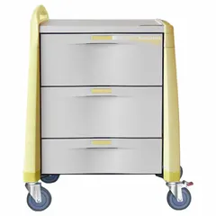 This compact medical supply cart features a yellow polymer cabinet with three drawers for organizing and transporting supplies. It is equipped with one swivel caster with brake and three swivel casters for maneuverability and stability. Suitable for use in healthcare environments where infection control protocols are followed.