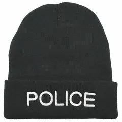 This beanie hat is constructed from acrylic knit material in a black color with white lettering. It is designed in a universal size to accommodate various head sizes. Commonly used as a casual accessory or as part of a uniform.
