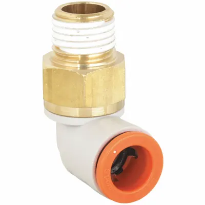 SMC Push-Fit Elbow Fitting: 12 mm OD x 1/4 in Pipe Size, Push-to-Connect x BSPT - Polybutylene & Brass Tube Fittings
