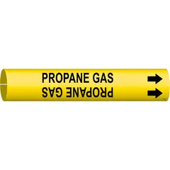 Snap-on pipe marker for identifying propane gas lines. Yellow background with black legend and directional arrows. Fits pipe outer diameters from 3/4 to 1-3/8 inches. Used in industrial piping systems for clear hazard communication.