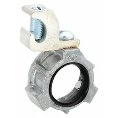 Zinc-plated, insulated grounding bushing with 1-inch trade size and 31/32-inch overall length. Used to bond conduit to grounding conductor in electrical systems, ensuring safety and code compliance in industrial and commercial installations.