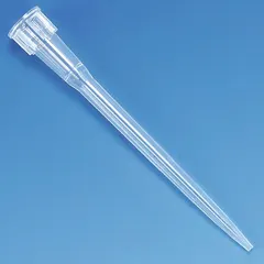 Non-sterile, single-use pipette tip made of clear polypropylene. Autoclavable, universal fit for standard pipettes. 20 µL capacity, reloading stacked configuration, no filter. Suitable for general liquid handling in laboratory settings.