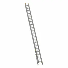 Two-section non-conductive fiberglass extension ladder with aluminum leg levelers and a built-in bubble level for setup on uneven surfaces. Rated for 250 lb load capacity. Suitable for industrial maintenance, construction, and tasks near live electrical equipment.