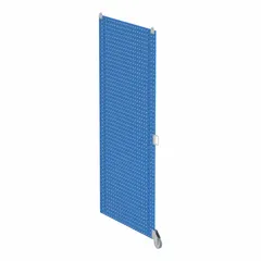 Steel floor rack with powder-coated blue finish, featuring 3/8 in square peg holes. Includes a caster for mobility. Used for organizing tools and parts in workshops and warehouses.