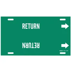 Green pipe marker with white legend text reading 'Return' and directional arrows. Fits pipe outer diameters of 10 to 15 inches. Used to identify return lines in industrial piping systems for clear flow direction indication.
