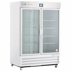 This 49 cu ft upright lab refrigerator maintains a temperature range of 1°C to 10°C for general purpose storage of temperature-sensitive materials. It features a white swing glass door that opens to the right, uses R-290 refrigerant, and includes a temperature alarm. Overall depth is 34 3/4 in.