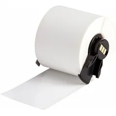 Continuous label roll made of white gloss polyester, 1 29/32 in x 50 ft, for outdoor use. Halogen-free material. Compatible with BMP61 printer series. Used for industrial asset identification, cable marking, and safety labeling.