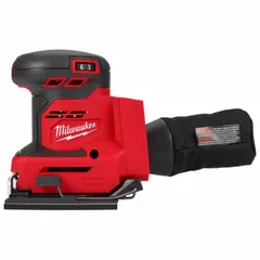 This MILWAUKEE M18 cordless sheet sander is a bare tool with a palm grip and clamp for secure sheet attachment. It features variable speed control up to 14,000 RPM, suitable for sanding wood, metal, and painted surfaces in woodworking, automotive, and construction applications.