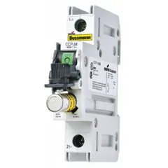 1-pole midget fuse block rated 240 V AC. DIN rail mounting with box lug termination. Used for overcurrent protection in industrial control panels and distribution boards.
