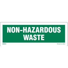 BRADY DOT Handling Label: Non-Haz Waste, 10 in x 3 1/2 in, 10 in Label Wd, 3 1/2 in Label Ht, 100 PK (MPN 20034LS). Key specifications — Message: Non-Hazardous Waste; Background Color: Green; Brand: BRADY.