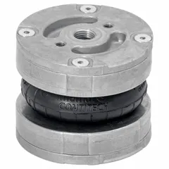 Single convolution air actuator made of chloroprene rubber. Compressed height 60 mm, extended height 80 mm. Temperature range -22°F to 194°F. Delivers 2.1 kN at 4 bar with center attachment. Used for vibration isolation, actuation, and load lifting in industrial machinery.