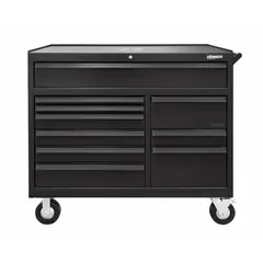 This electric-enabled heavy-duty rolling tool cabinet from KENNEDY measures 48 1/2 inches wide by 20 inches deep by 43 1/4 inches high and features 10 drawers. It is designed for organized storage of tools and equipment in industrial workshops and maintenance facilities. The cabinet is finished in black/black.