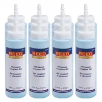 Water-soluble ultrasonic couplant gel supplied in a 0.25 L applicator bottle. Used as a coupling medium between an ultrasonic transducer and test surface to eliminate air gaps for accurate thickness readings on metals and other materials. Compatible with REED TM-8811 thickness gauge. Pack of 12