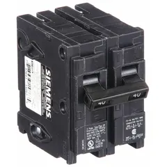 The SIEMENS Q240 is a 40 A, 2-pole miniature circuit breaker for 120/240V AC systems. It provides overcurrent protection in plug-in format for load centers. Suitable for branch circuit protection in residential and light commercial applications.