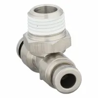 This SMC stainless steel push-fit tee fitting connects two 5/32 in OD tubes and one 1/8 in pipe, enabling branching of pneumatic lines in compact spaces. The tee configuration allows for efficient air distribution in tubing systems