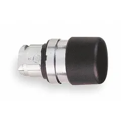 Momentary-action mushroom-head push-button operator from the XB4 series. Constructed with a metallic actuator and a black head. Designed for 22 mm panel mounting. Suitable for use as an emergency stop or control operator in industrial machinery and control panels.