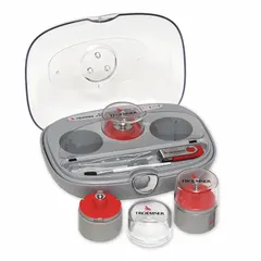 This metric calibration weight kit from TROEMNER includes a 100 g nominal mass made of aluminum, with cylinder/leaf design. The kit comes with a case and is accredited for traceable accuracy. Used for verifying and calibrating laboratory balances and scales in quality control and testing environments.