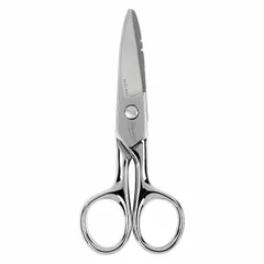 These all-metal scissors feature serrated, pointed stainless steel blades with a chrome finish. With an overall length of 5 1/4 in, they are designed for cutting cable in electrical, telecom, and general industrial maintenance tasks.