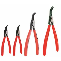 Manual plier set for installing and removing external retaining rings. Tip diameter 0.07 in; covers ring sizes from 1/8 in to 25/64 in and bore diameters from 1/8 in to 3 15/16 in. Used in industrial maintenance, automotive repair, and machinery assembly.