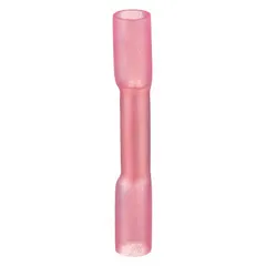 Red heat-shrink butt splice connector for joining two wires end-to-end. Rated 600V, accepts 22 to 16 AWG wire. The heat-shrink sleeve provides insulation and strain relief when heated, suitable for electrical repairs, automotive wiring, and control panels requiring moisture and vibration resistance. Pack of 25.