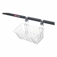 Steel wire basket for wall-mount track systems. Includes hardware for installation. Suitable for organizing tools, parts, or supplies in workshops, warehouses, and maintenance areas