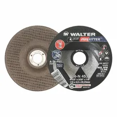 This Type 27 depressed center grinding wheel from the Pipefitter series is formulated for contaminant-free grinding on stainless steel. The 36 grit abrasive removes weld seams and surface defects without introducing iron or sulfur contamination. Dimensions are 4 1/2" diameter, 3/32" thickness, with a 7/8" arbor hole.