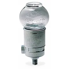 Vented constant-level oiler with glass reservoir and 16 oz capacity. Maintains consistent oil level in bearing housings and machinery sumps. Features 1/4" NPT mounting threads. Suitable for industrial lubrication applications such as pumps, conveyors, and fans.