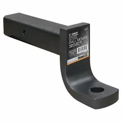 This Class V non-adjustable ball mount from BUYERS PRODUCTS features a 5-inch drop and a 1 1/4-inch compatible ball shank diameter. Constructed from corrosion-resistant carbon steel with a powder-coated finish and a tubular shank, it is suited for towing applications requiring a fixed drop height.