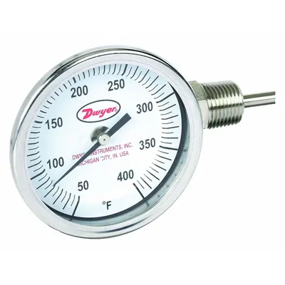 Dwyer Dial Thermometer: 50°F to 400°F, ±2%Full Scale Accuracy, 6 in Stem Lg - Side- & Bottom-Mount Fixed-Angle Thread-Mount Dial Thermometers