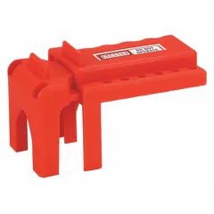 Clamp-on lockout device for quarter-turn handle ball valves. Accommodates pipe sizes from 3/8 in to 1-1/4 in. Used to secure valves in the closed position during maintenance, preventing accidental operation as part of lockout/tagout procedures.