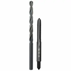 This 2-piece set includes a #12-24 plug tap for cutting internal threads and a #16 drill bit for pre-drilling pilot holes. Both tools feature a straight flute design, suitable for through-hole threading in general-purpose materials such as metal, wood, or plastic. Commonly used in maintenance, fabrication, and repair work.