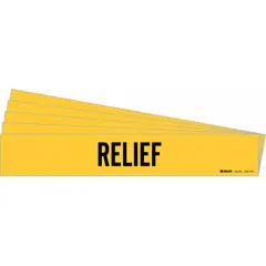 Yellow adhesive pipe marker with black legend text reading 'Relief'. Designed for pipes with outer diameter of 8 inches and larger. Each pack contains 5 markers without directional arrows. Used to identify relief piping in industrial facilities.