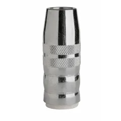 Conical threaded nozzle for Magnum Pro 550 MIG guns. Directs shielding gas over the weld puddle and protects the contact tip from spatter and heat. Features a 3/4 in opening and 1/8 in recess relationship to the contact tip. Suitable for heavy industrial fabrication, shipbuilding, and structural steel welding.