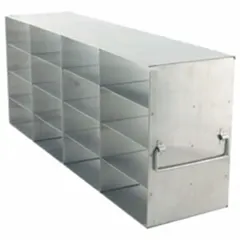 This stainless steel freezer rack is designed for organizing and storing samples, vials, or boxes in cold storage environments. It includes handles for easy insertion and removal. Overall width is 5-1/2 inches.