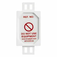 Rectangular plastic safety tag in red/white, measuring 3 3/16 in wide by 1 1/2 in high. Suitable for indoor and outdoor use. Includes 20 tags with English text. Commonly used for lockout/tagout and hazard identification