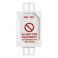 Rectangular plastic safety tag in red/white, measuring 3 3/16 in wide by 1 1/2 in high. Suitable for indoor and outdoor use. Includes 20 tags with English text. Commonly used for lockout/tagout and hazard identification.