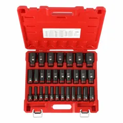 This 29-piece metric impact socket set features a 1/2 in drive and covers sizes from 8 mm to 36 mm. Sockets are retained on the anvil via a friction retention mechanism. Suitable for use with impact wrenches in automotive, construction, and industrial fastening applications.