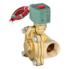 This 2-way, 2-position normally closed solenoid valve is designed for on/off control of fluid flow in industrial piping systems. It features a 1 in pipe size, 110V AC voltage, a watertight coil enclosure suitable for wet or washdown environments, and an NBR seal.