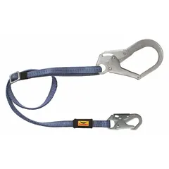 6 ft adjustable-length positioning and restraint lanyard with steel snap hook and steel rebar hook. Rated for 425 lb capacity. Blue color. Used for work positioning and fall restraint applications where adjustable length and secure steel hook attachment are required.