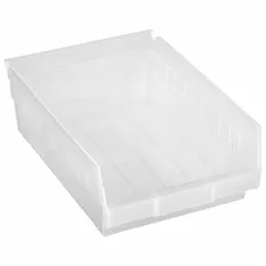 This clear plastic shelf bin is designed for organizing small parts and components in industrial storage systems. With dimensions of 8 3/8 in x 4 in and an overall length of 11 5/8 in, it is nesting capable for space-saving storage when empty. The clear material allows quick visual identification of contents. Dividers are not included.