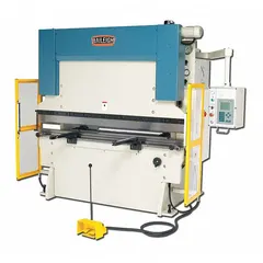 Hydraulic press brake for sheet metal forming. Corded, electric operation with foot pedal control. Requires 220V AC or 230V AC power. Suitable for precision bending in fabrication and metalworking applications.